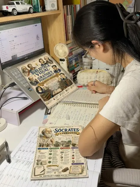 Prévia com estudante revisando a Biblioteca Visual